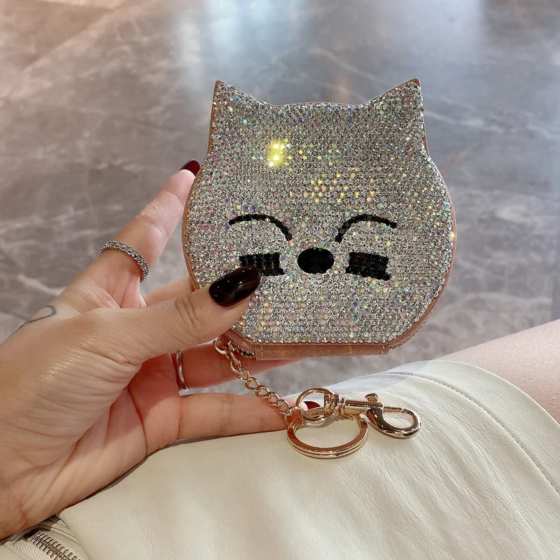 

Cute Diamond-studded Cat Coin Purse Shiny Cartoon Cash Coin Storage Bag First Layer Cowhide Card Holder with Key Chain Girl Gift