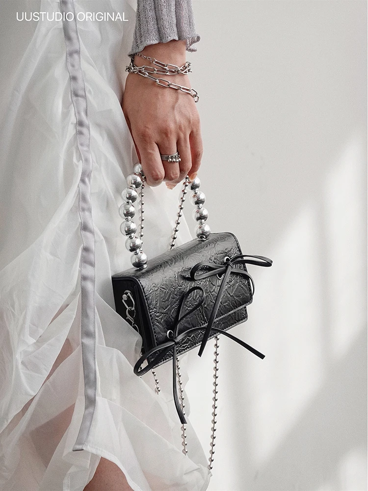 New Mini Bow Chain Crossbody Bag For Women Korean Versatile Simple Small Square Pack Female Textured Solid Cute Beading Handbag