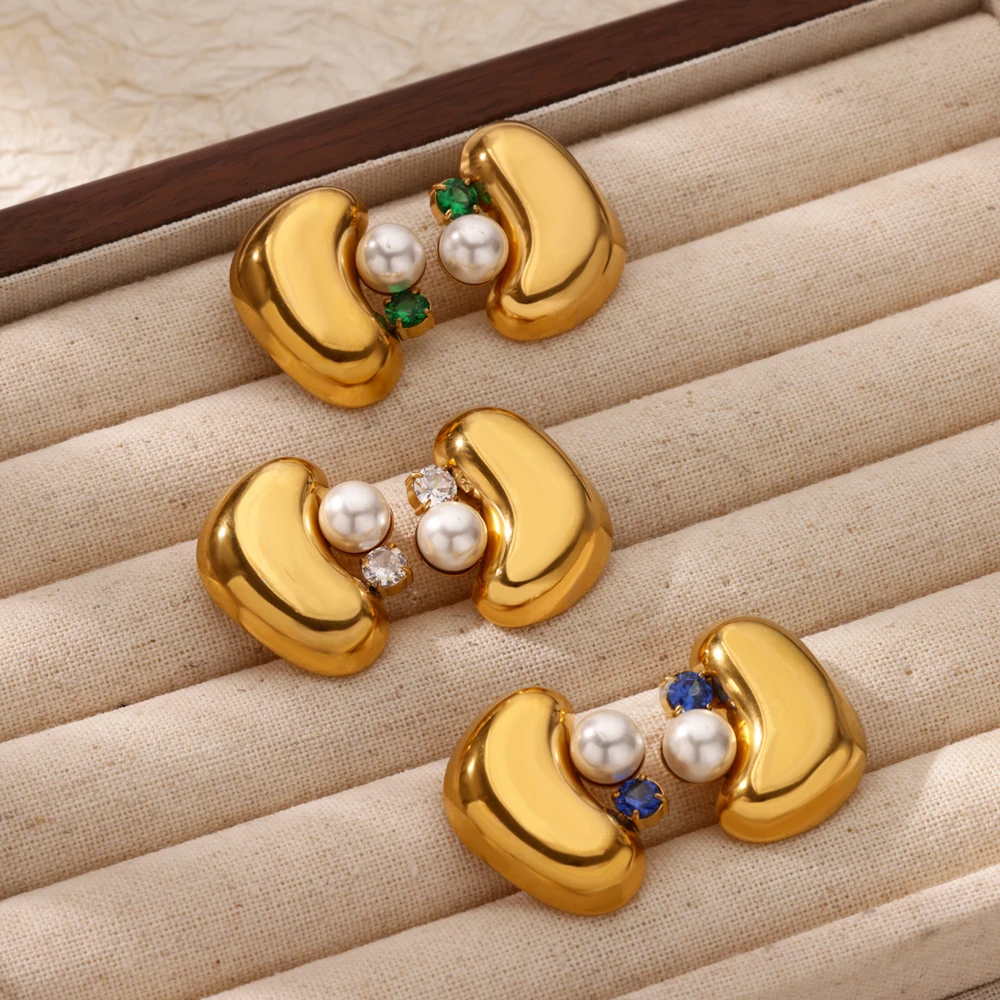 Zircon Imitation Pearl Earrings Stainless Steel Geometric
