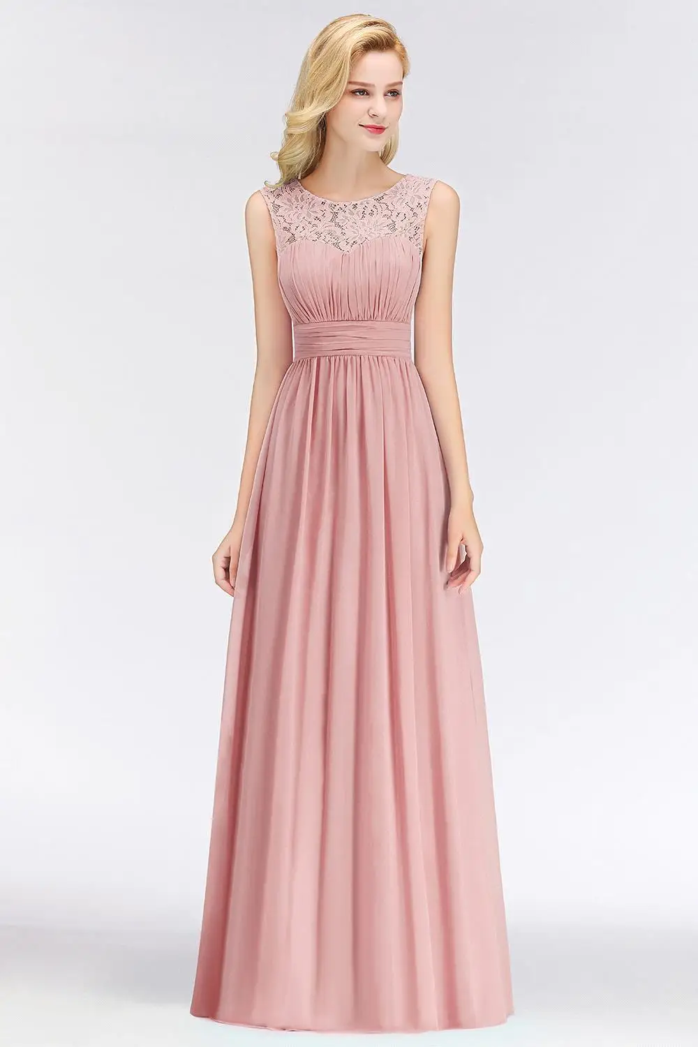 2024 Lace Dusty Pink Bridesmaid Dresses Elegant Illusion Neck Zip Long Chiffon Wedding Guest Gown Formal Party Maxi Dress