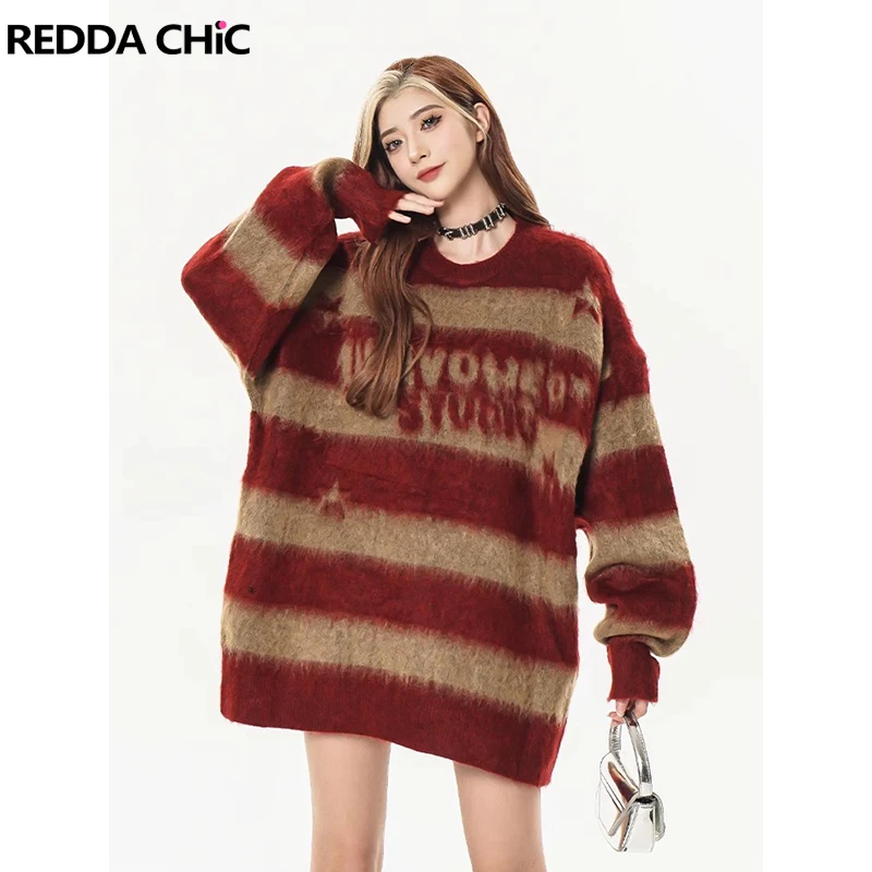 

ReddaChic Women Collision Striped Mohair Sweater Long Sleeves Crew Neck Oversize Casual Star Girl Knit Jumper Top Y2k Streetwear