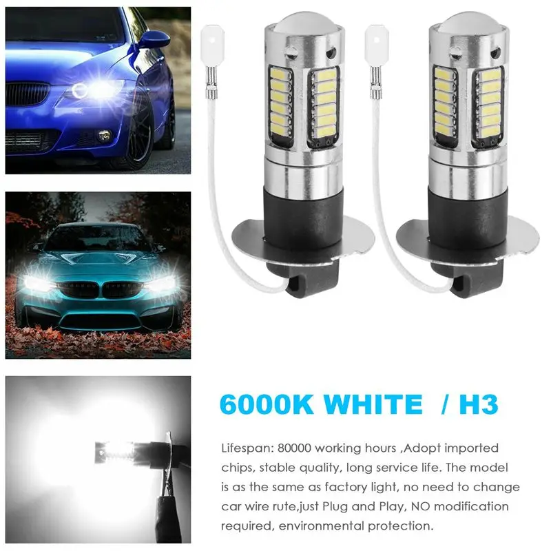 A65P-2Pcs H3 슈퍼 브라이트 LED 안개등 운전 DRL 전구 키트 6000K 화이트