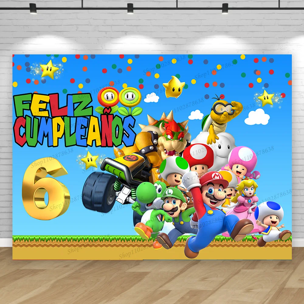 Super Marios Bros Feliz Cumpleaños Backdrop Boy Golden Numeral 1 2 3 4 5 6 Birthday Party Background Photo Studio Banner Decor images - 6