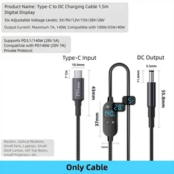 Universal Digital Display USB - C to DC Power Adapter Cable with Multiple Voltage Options and 28/34 Interchangeable Tips (Cable)
