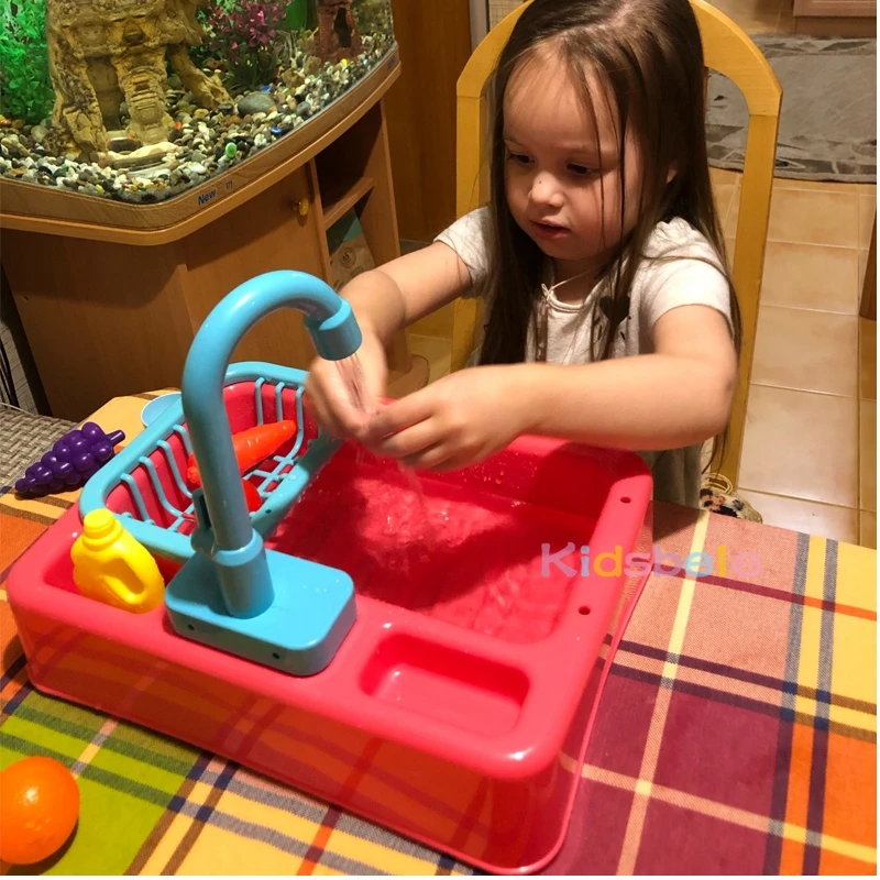 Pretend Play Kitchen Sink Toys with Vegetables and Fruits Electric Dishwasher with Automatic Running Water System