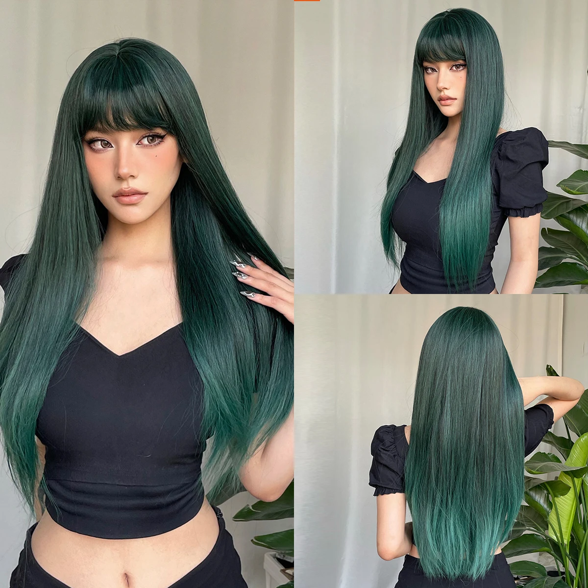 EASIHAIR Long Silky Straight Black Wig with Bangs - Natural-Looking Heat Resistant Synthetic Hair