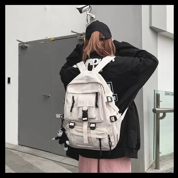 Preppy Style Black Backpack Unisex Women Men Backpack Nylon Waterproof Multi-Pocket Design Mochilas Teenagers Shoulder Bag