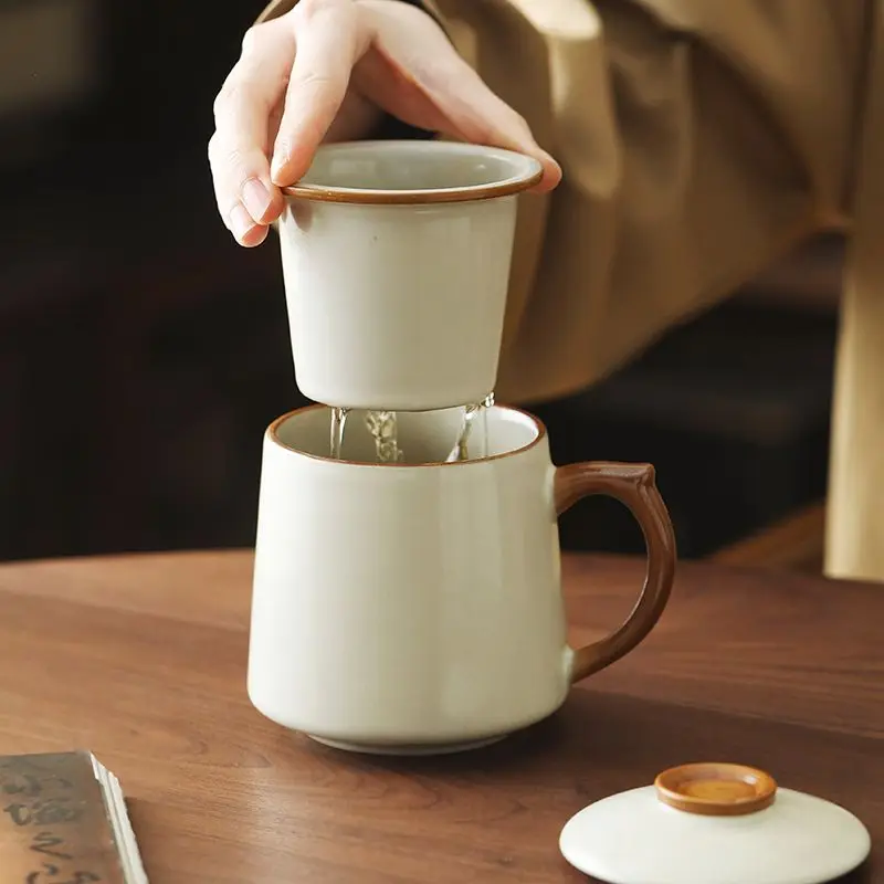 كوب سيراميك من Ru Kiln مع غطاء، كوب فصل الشاي للمنزل، كوب عالي الجودة لصنع الشاي والمكتب، فنجان شاي هدية - التنين الصيني