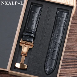 Luxurious Genuine Leather Watch Strap with Elegant Butterfly Clasp and Wooden Gift Box - 22mm (Black - REGD)