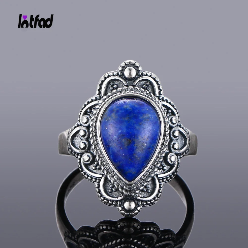 Natural Lapis Ring 925 Sterling Silver Rings for Women Men Drop Shaped Stone Fine Jewelry Gift Retro Party Finger Ring