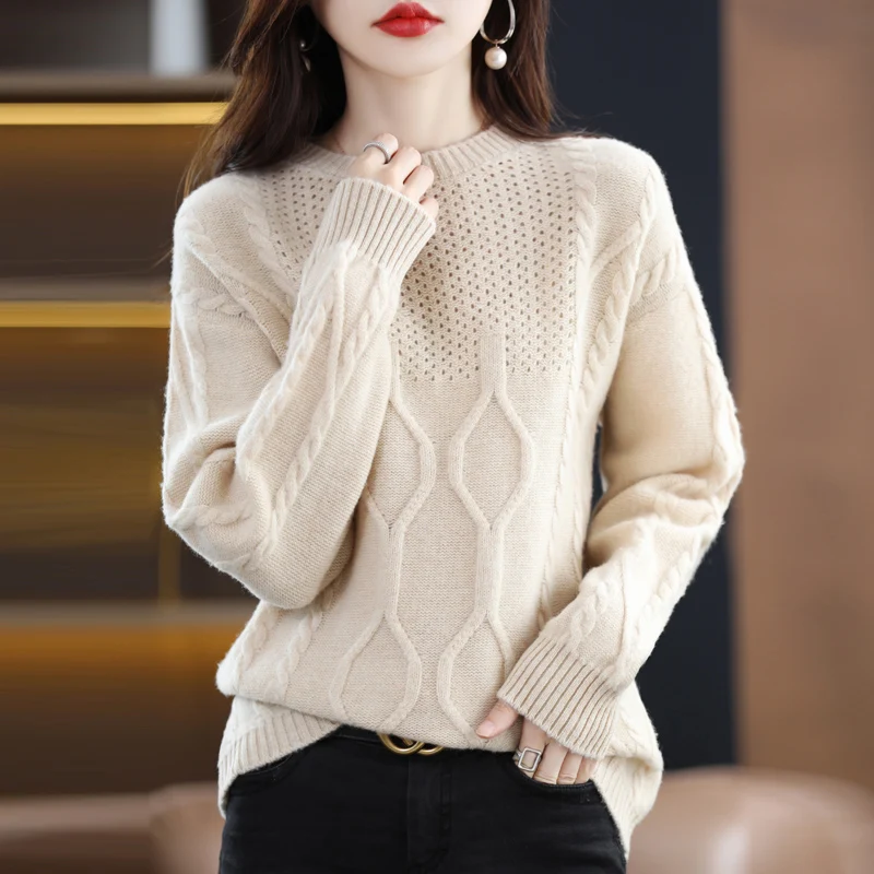 

100% pure wool women's pullover O-neck cashmere sweater autumn and winter new casual padded warm soft high-end solid color top