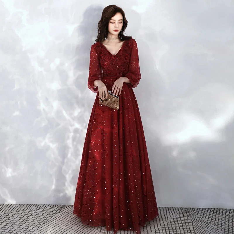 Long Sleeve Evening Dresses 2021 Elegant V-neck A-line Floor-length Sequined Tulle Women Formal Gowns For Wedding long sleeve evening gowns