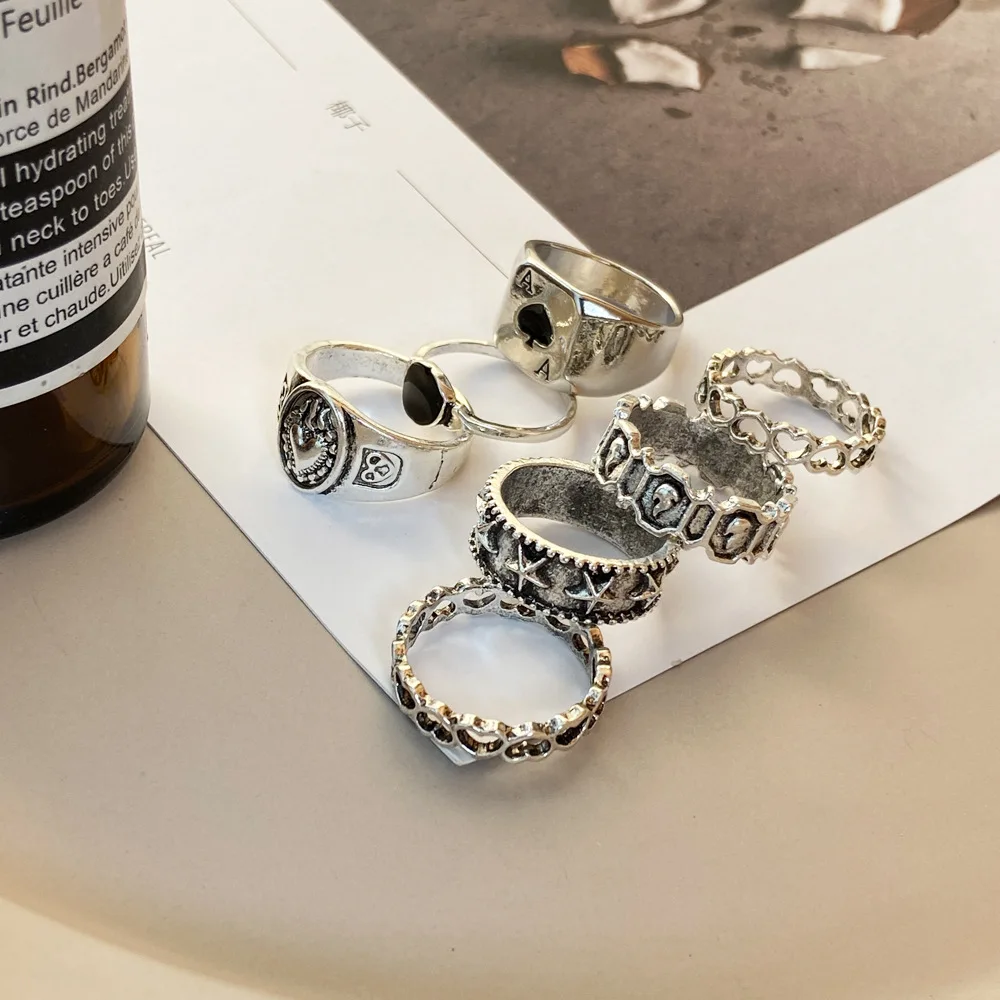 Vintage Silver Color Skull Heart Rings Set For Women Men Gothic Chain Retro Rings Trend Fashion Jewelry ring set silver ring chain ring finger ring gold color ring gold color rings adjustable rings