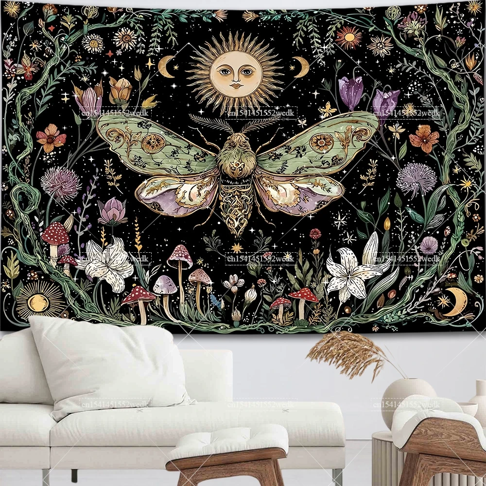 Boho Schmetterling Sonne Wandbehang Wandteppich Vintage Ästhetik Motten Botanische Hexenblumen Wandteppiche Raumdeko Altartücher – Detail 5