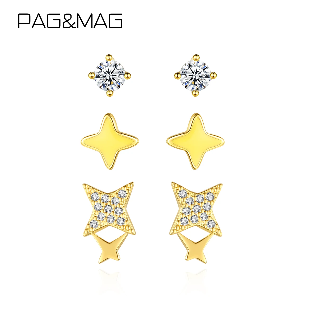 

PAG&MAG Fashion 925 Sterling Silver Zircon Earrings Set 14K Gold Plated Color Star Shape Three Pairs Stud Designer Wedding Gift