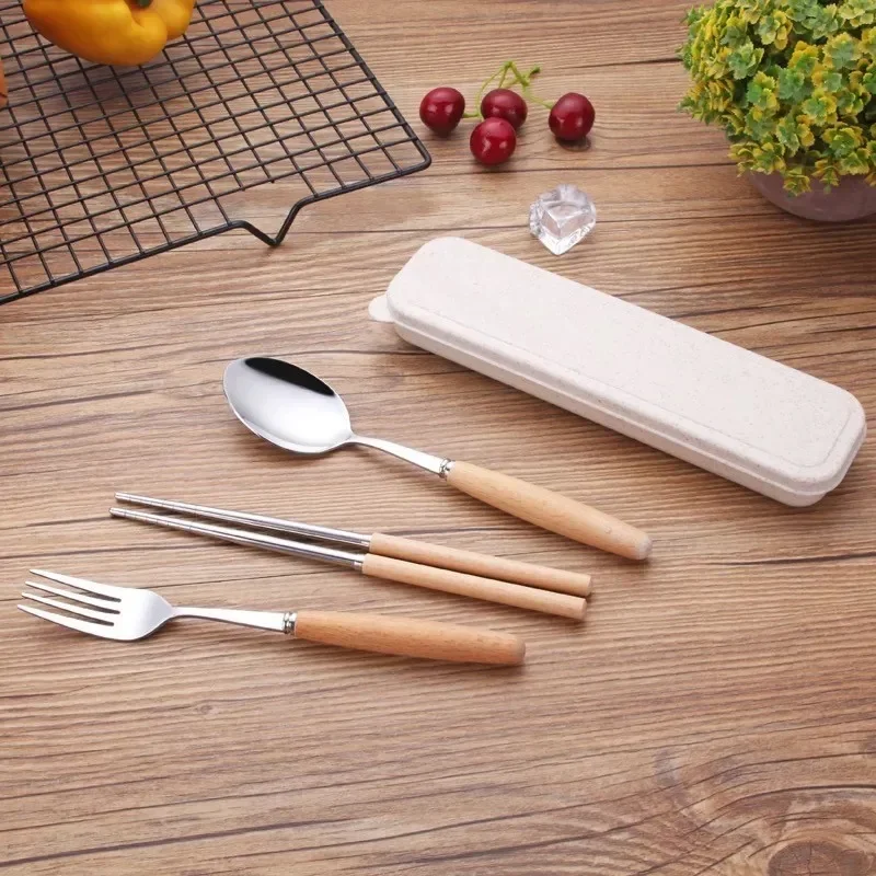 Wooden handle stainless steel tableware three-piece set Chopsticks fork spoon Students outdoor travel gift tableware set