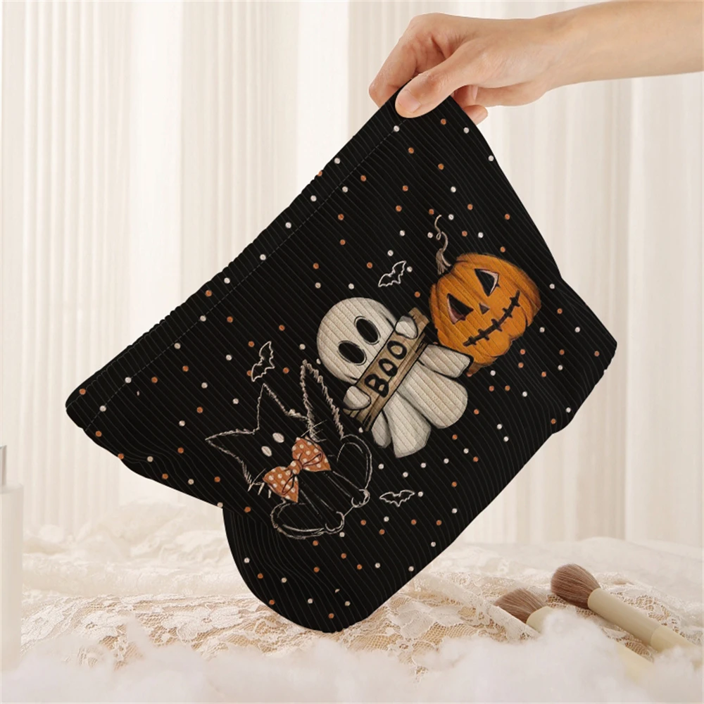 1 pumpkin and ghost patterned corduroy makeup bag, lightweight zipper makeup storage box, multifunctional bag with lining