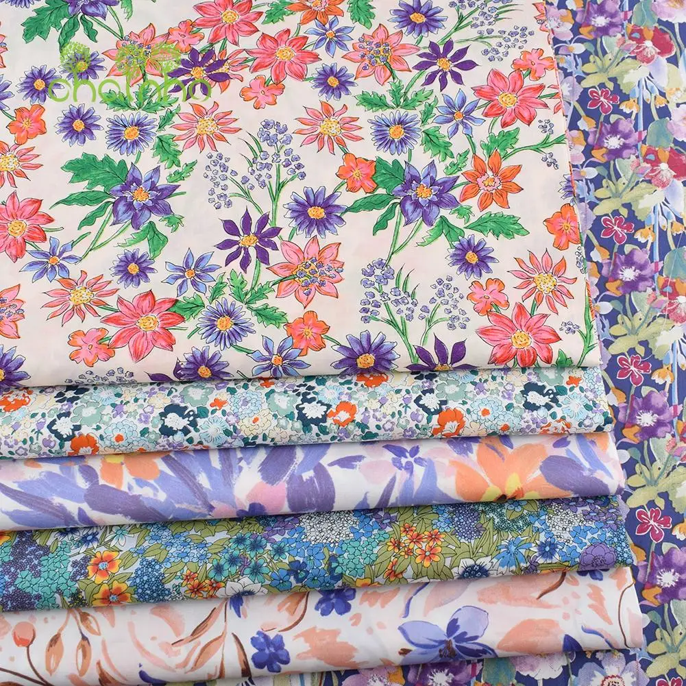 Chainho,Printed Plain Weave Poplin Cotton Fabric,DIY Quilting Sewing Material,Patchwork Cloth,Floral Series,3 Sizes,15PC39