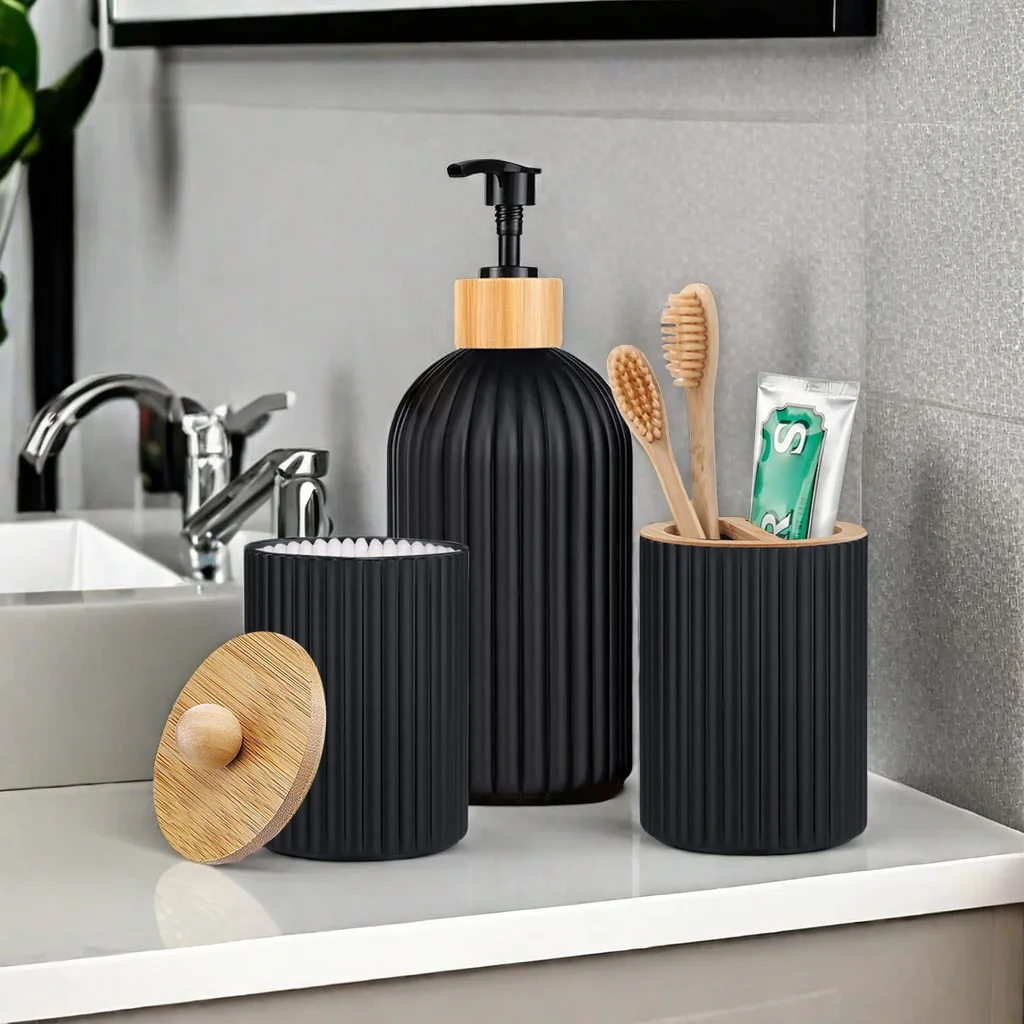 Elegant Bathroom Toiletry Set with Soap Dispenser, Toothbrush Holder & Cotton Ball Jar Decor