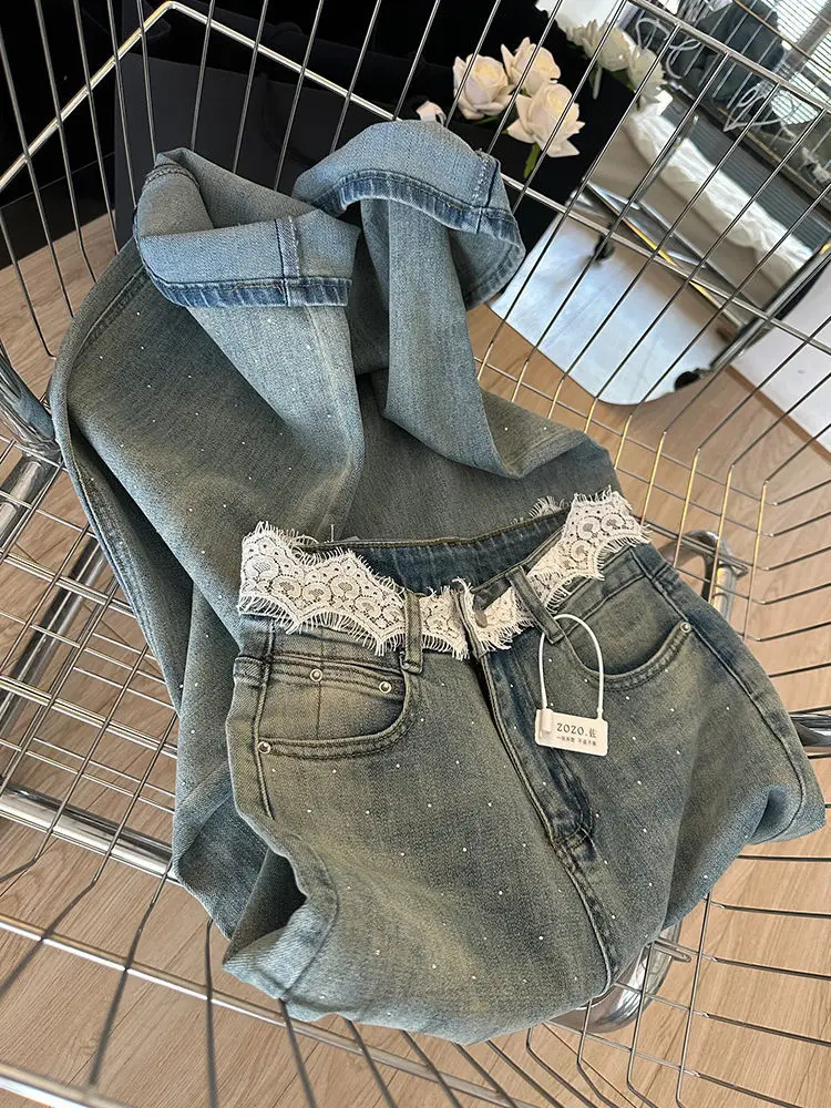 여성용 레이스 웨이스트 스몰 라인스톤 디자인 청바지, 하이웨이스트 스트레이트, 루즈핏 와이드 레그 팬츠, 2024 여름 신상..