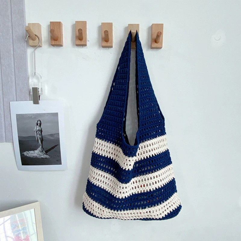 Women's Aesthetic Contrast Color Knitted Shoulder Bag Hollow out Stripe Tote Handbag Woven Female Knitting Fashion Accessory