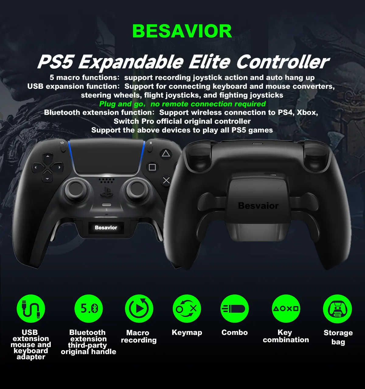 Besavior PS5 Elite Controller with 4 Interchangeable Thumbsticks 
