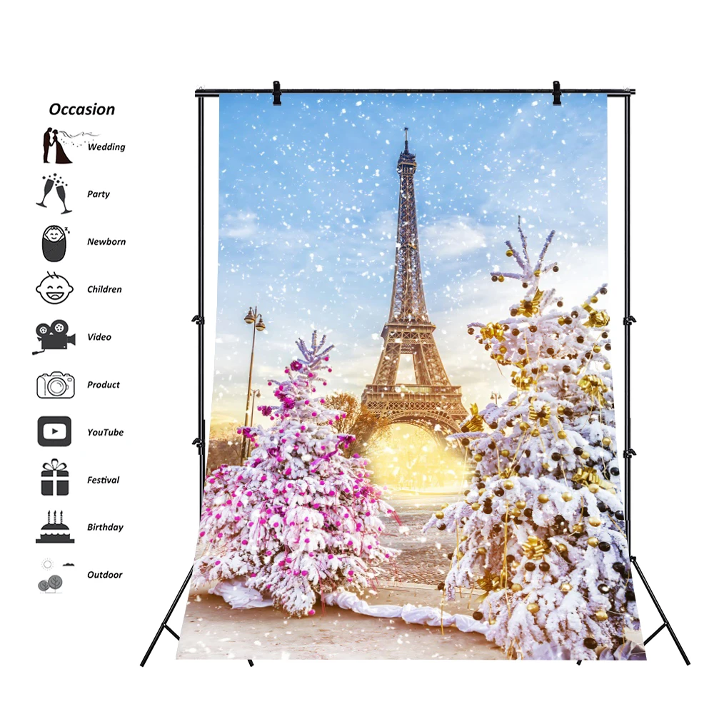 

France Paris Eiffel Tower Photo Background Vertical for Photography Snowy Landscape Winter Snow Party Decoration Banner Backdrop