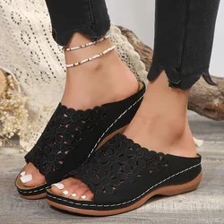 Women's Elegant Floral Comfort Sandals - Chic Hollow - Cut Wedge Slides for Casual & Beach Wear (Black)