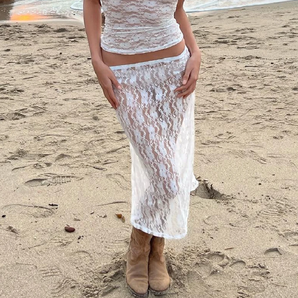 

Combhasaki Women Y2K Vintage Sexy American Retro See-through Low Waist Half Skirt Streetwear Party Floral Lace White Midi Skirt