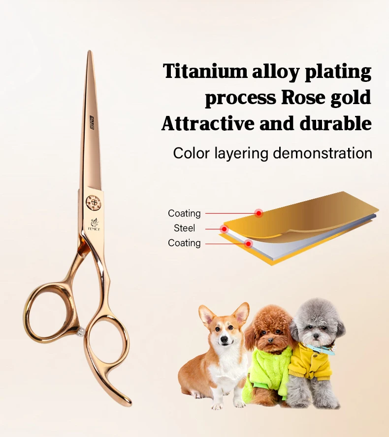 Fenice 6,5/7,0/7,5 Zoll JP440C Roségold Haustierpflegeklinge, gezahntes Scheren-Set, spurloses/V-förmiges Dunnelschere, Hundebesatz – Detail 6