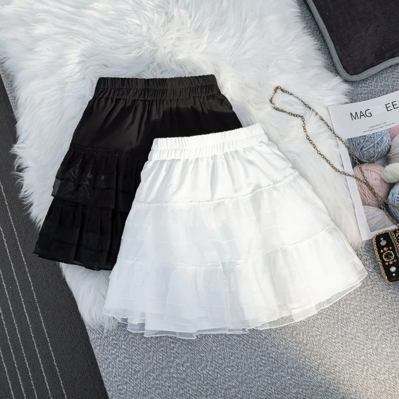 Elastico A Vita Alta Sottile Tinta Unita Mini Faldas Mujer Moda 2023 Estate Kawaii Carino Chic Jupe Pizzo Patchwork Maglia Gonna Gonfia