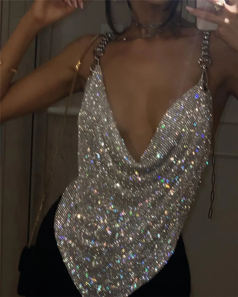 Shiny Rhinestone V Neck Tank Top 2025 Sexy Backless Metal