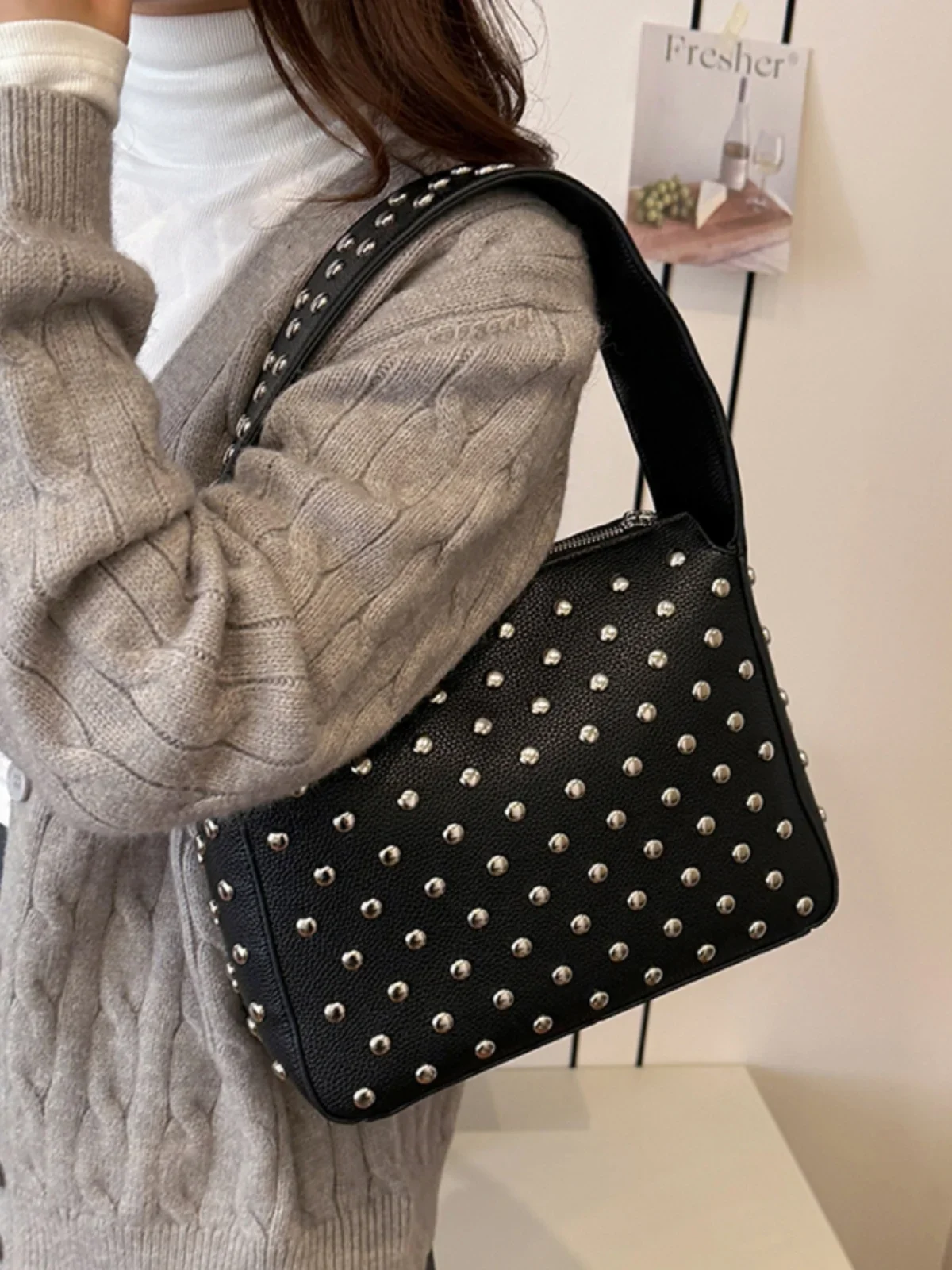 2024 Autumn and Winter New Rivets Handbag Underarm Bag Women's Bag Street Trend Punk Women's Shoulder Bag Handbag