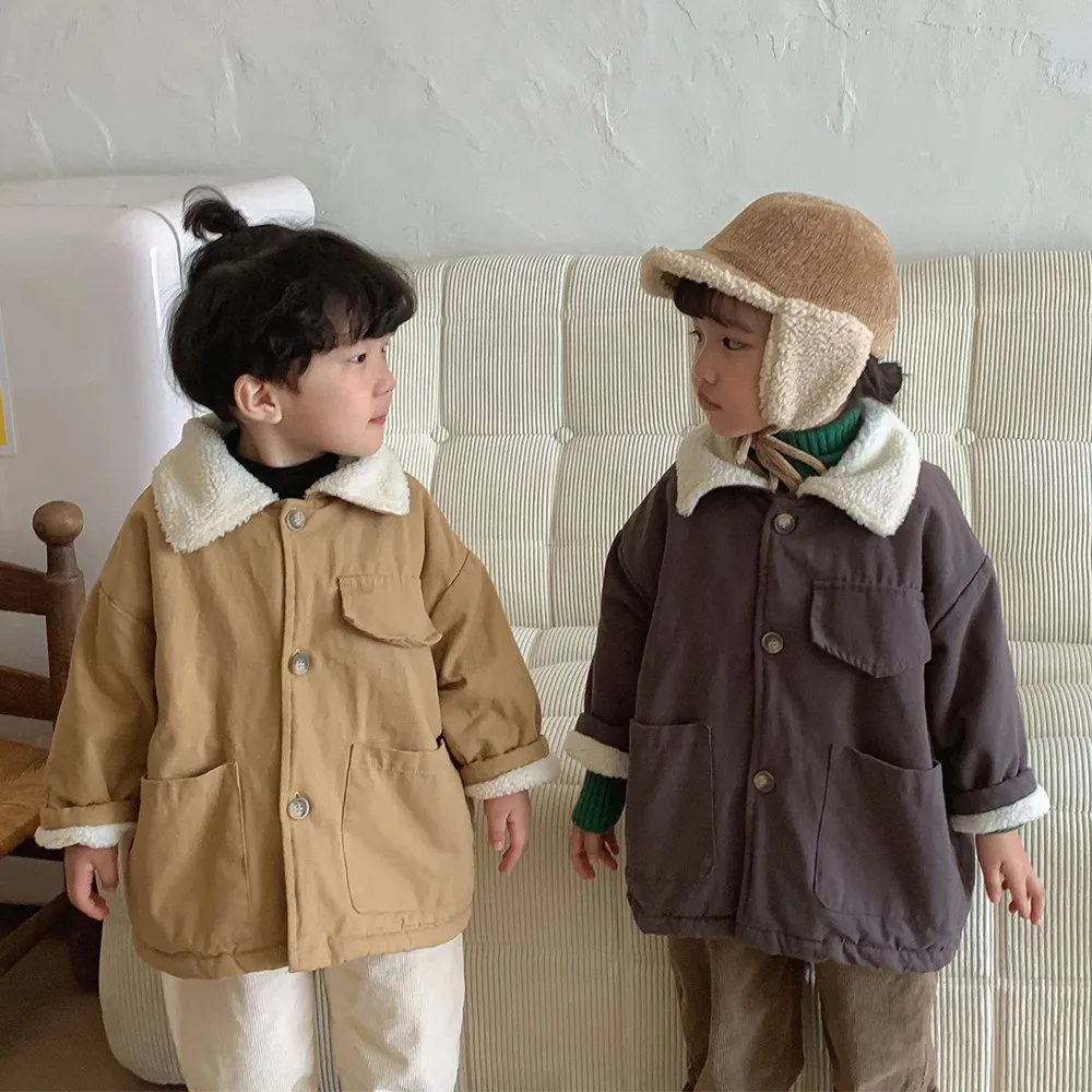

Korean Children's Clothing 2022 Winter Kids Velvet Warm Coats Solid Casual Boys Outerwear Parka Teenage Girls's Fall Jacket 9 12