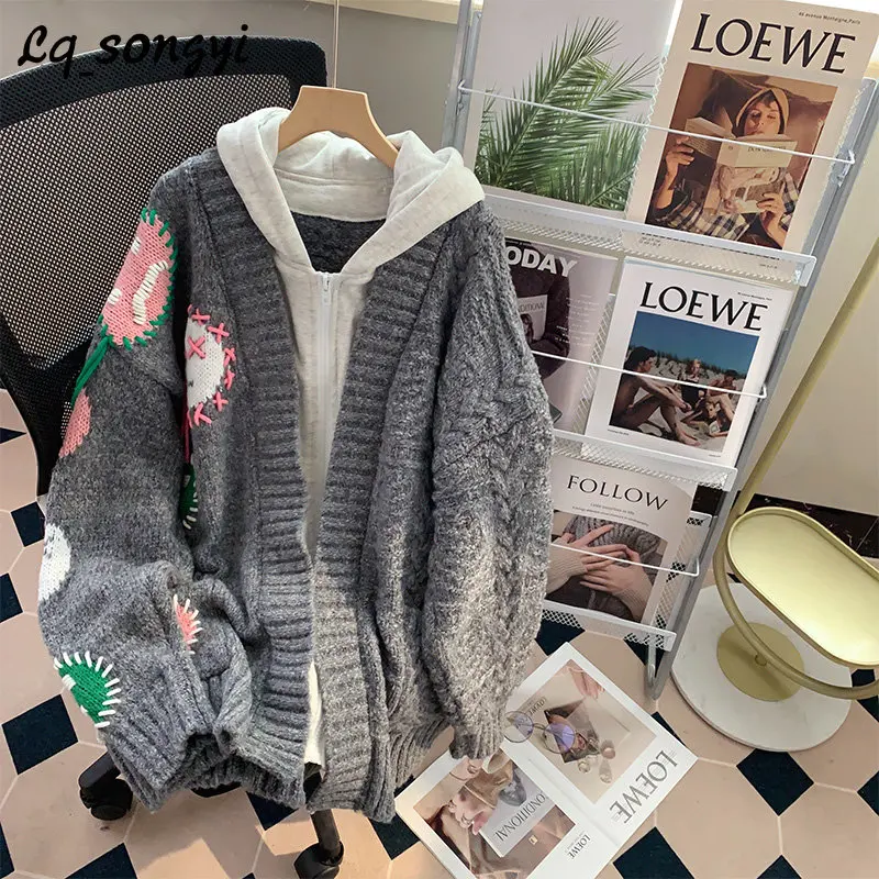 

Think Sweater Coats Women Autumn Winter Fake Two Pieces Splice Knitted Jackets Sweet Zipper Oversized Cardigan Lq_songyi SY19