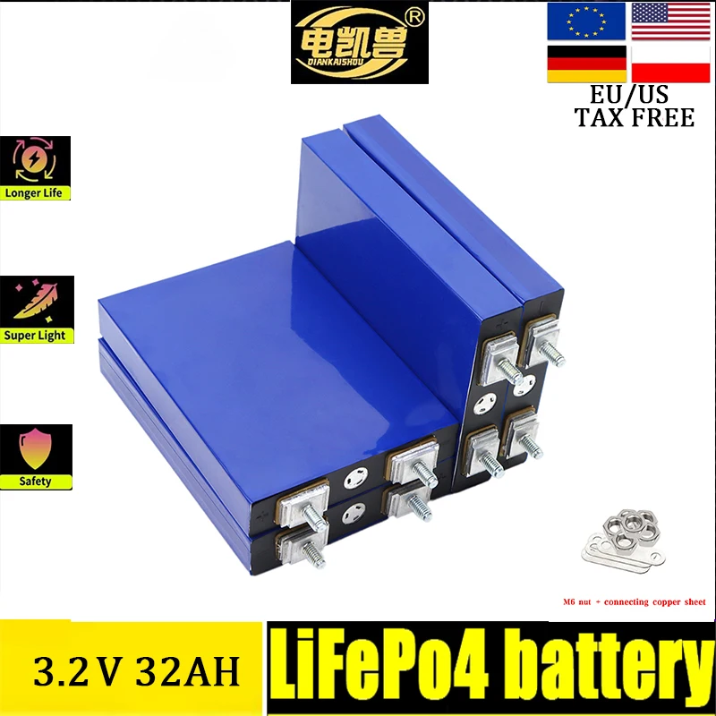 

NEW 3.2V 32Ah battery pack LiFePO4 phosphate 32000mAh for 4S 12V 24V Motorcycle Car motor batteries modification Stud