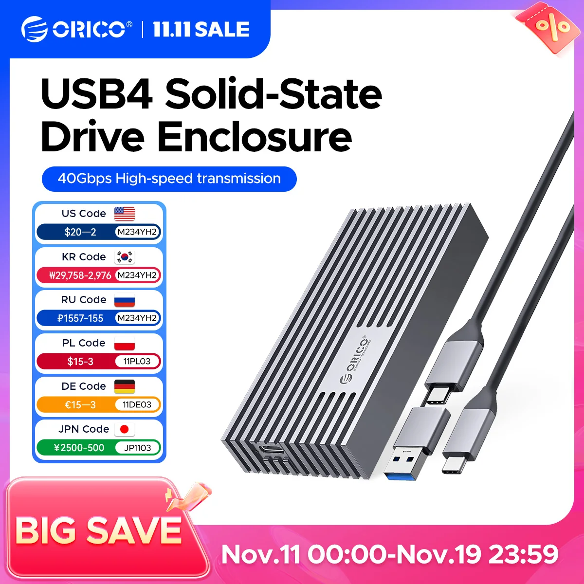 ORICO NVMe M.2 SSD Enclosure USB4 40Gbps PCIe3.0x4 20Gbps 10Gbps M