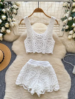 SINGREINY 2026 Knit Vacation Two Piece Sets Women Summer Hook Flower Hollow Crop Tops+Wide Leg Shorts Y2K Beach Style Chic Suits