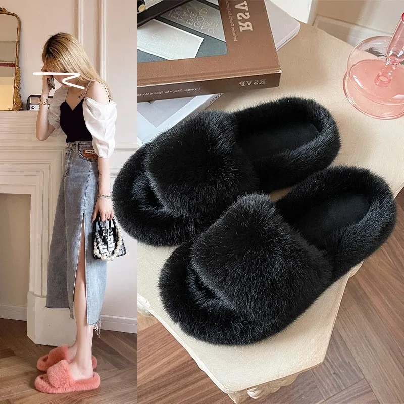 

Home Slippers Women's Flat Shoes Female Lady Fur Flip Flops Slides 2023 Soft Plush Cotton Ytmtloy Indoor Winter Zapato Mujer