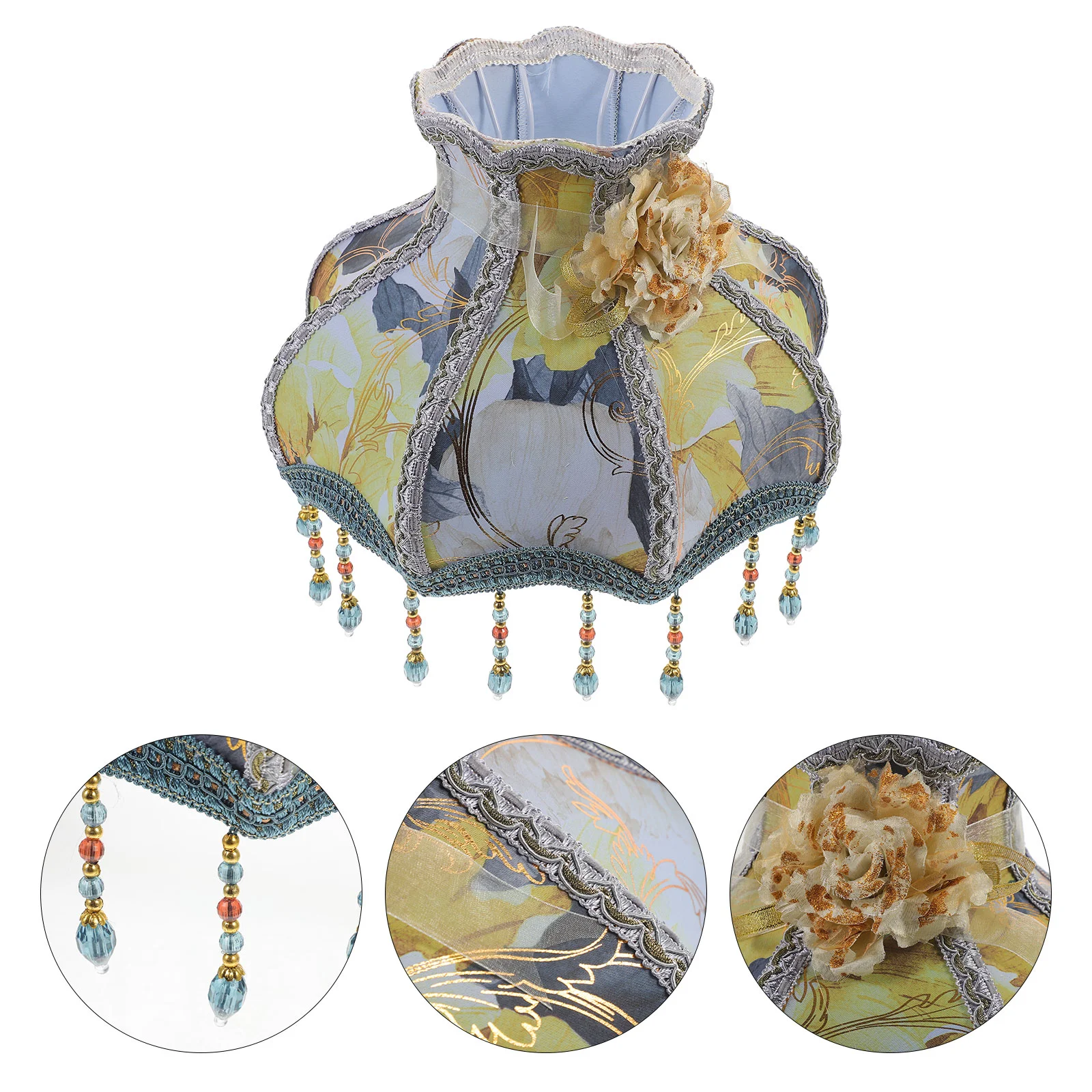 

European Style Lampshade Vintage Cloth Art Fringe Bead Lamp Shade Beads Tassel Fabric Flower Scallop Dome Light Cover Living