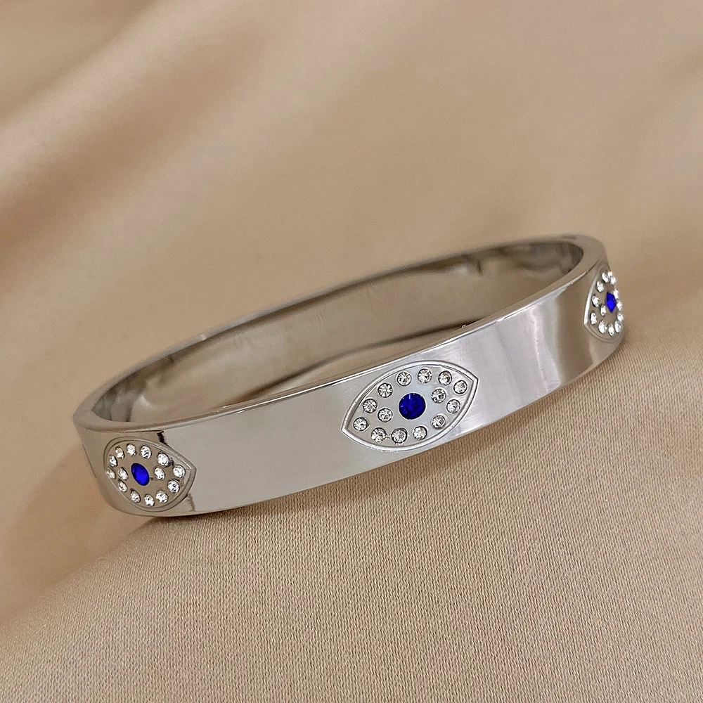 Evil Eyes Stainless Steel Bracelet for Women Luxury Design Rhinestone Wide Cuff Bangles Bracelets Waterproof Jewelry Gifts 5