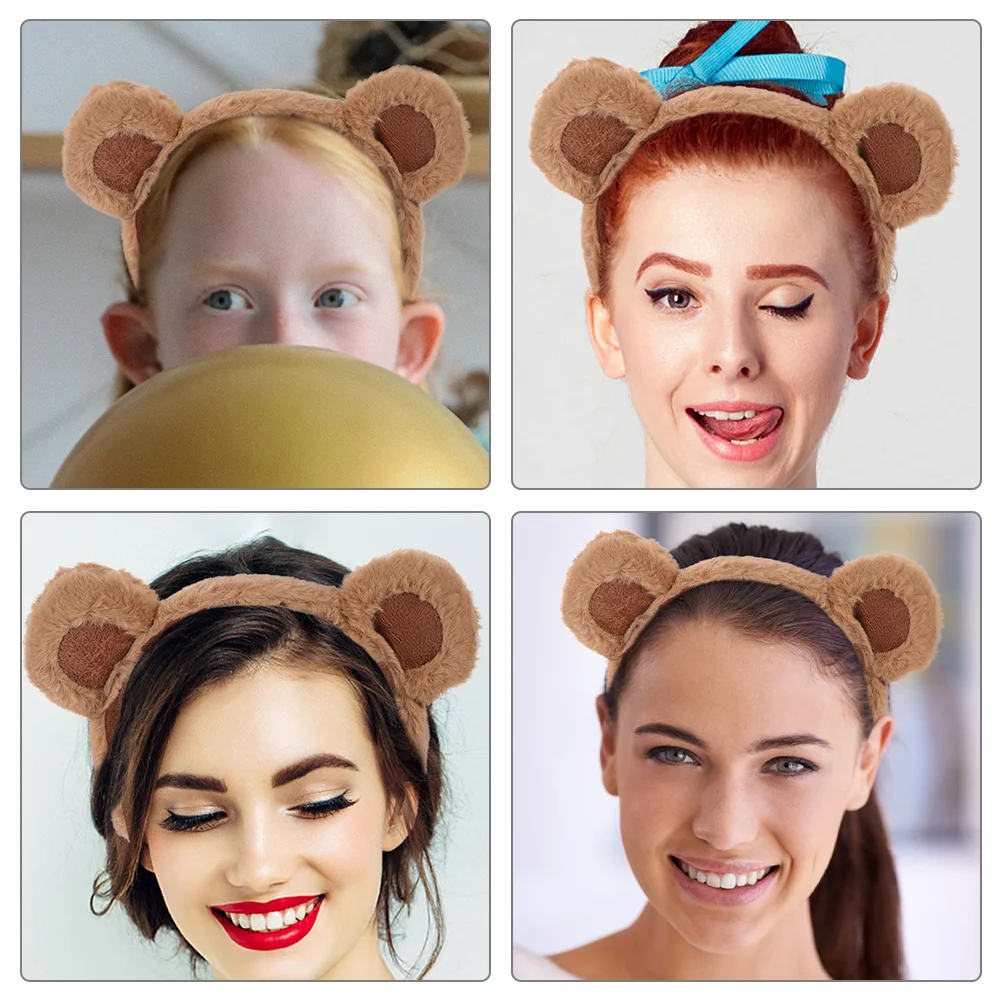 3 Pcs Cartoon Bear Headband Cute Plush Hair Accessories 3pcs (a Style Headband-brown) Headbands Animal Skin 2