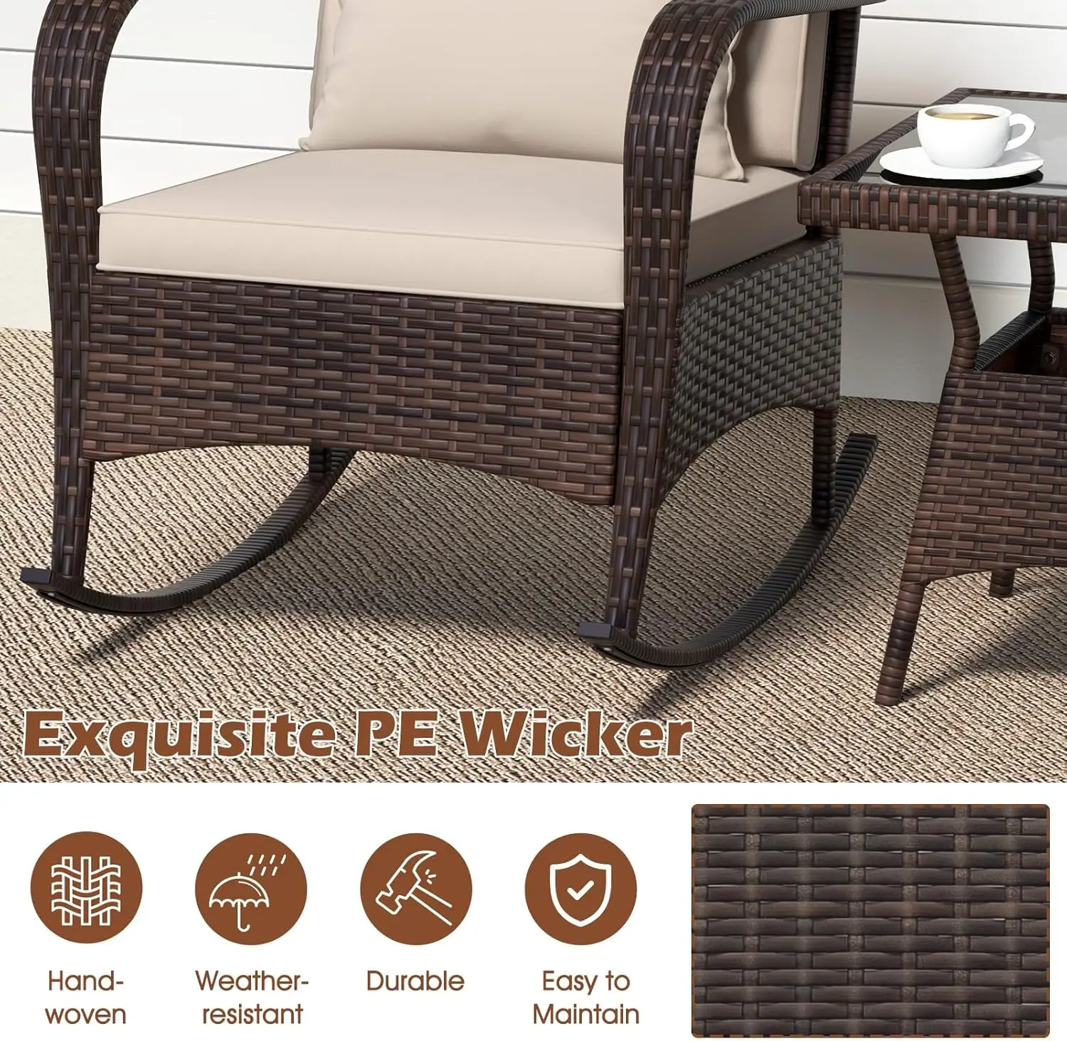 3 Pieces Patio Furniture Set, Outdoor Wicker Rocking Chairs with Cushions, Pillows, Glass Coffee Table, Rattan Bistro Rocker Set