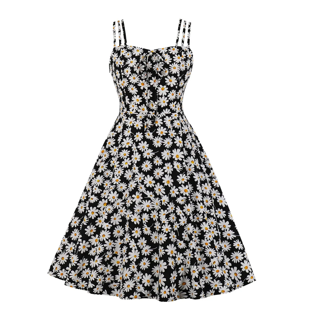 

Summer sexy backless strapless bow sleeveless daisy print a-line dress 2023 Vintage pin up dress