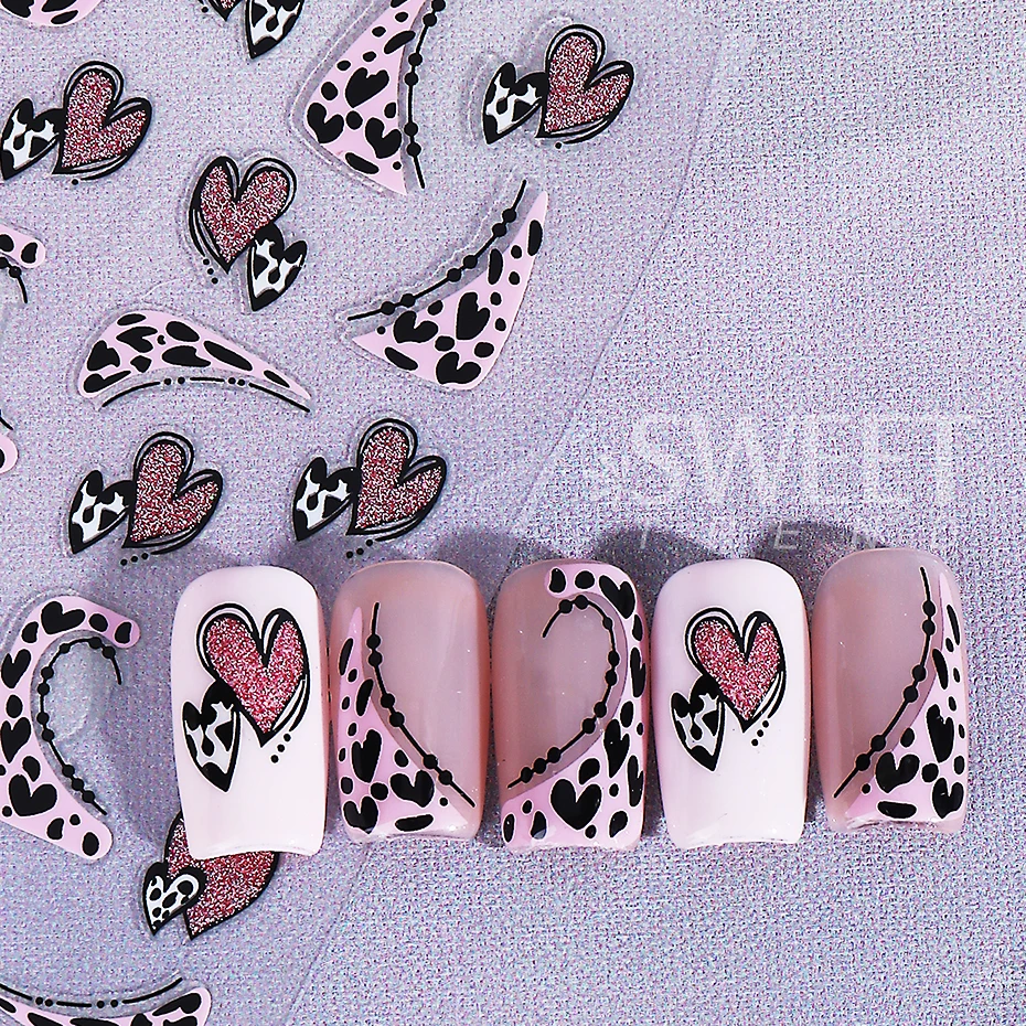 2/3pcs Glitter Silver Pink Love Heart Nail Stickers Leopard Print French Design Nail Decals DIY Valentine's Day Manicure Decor