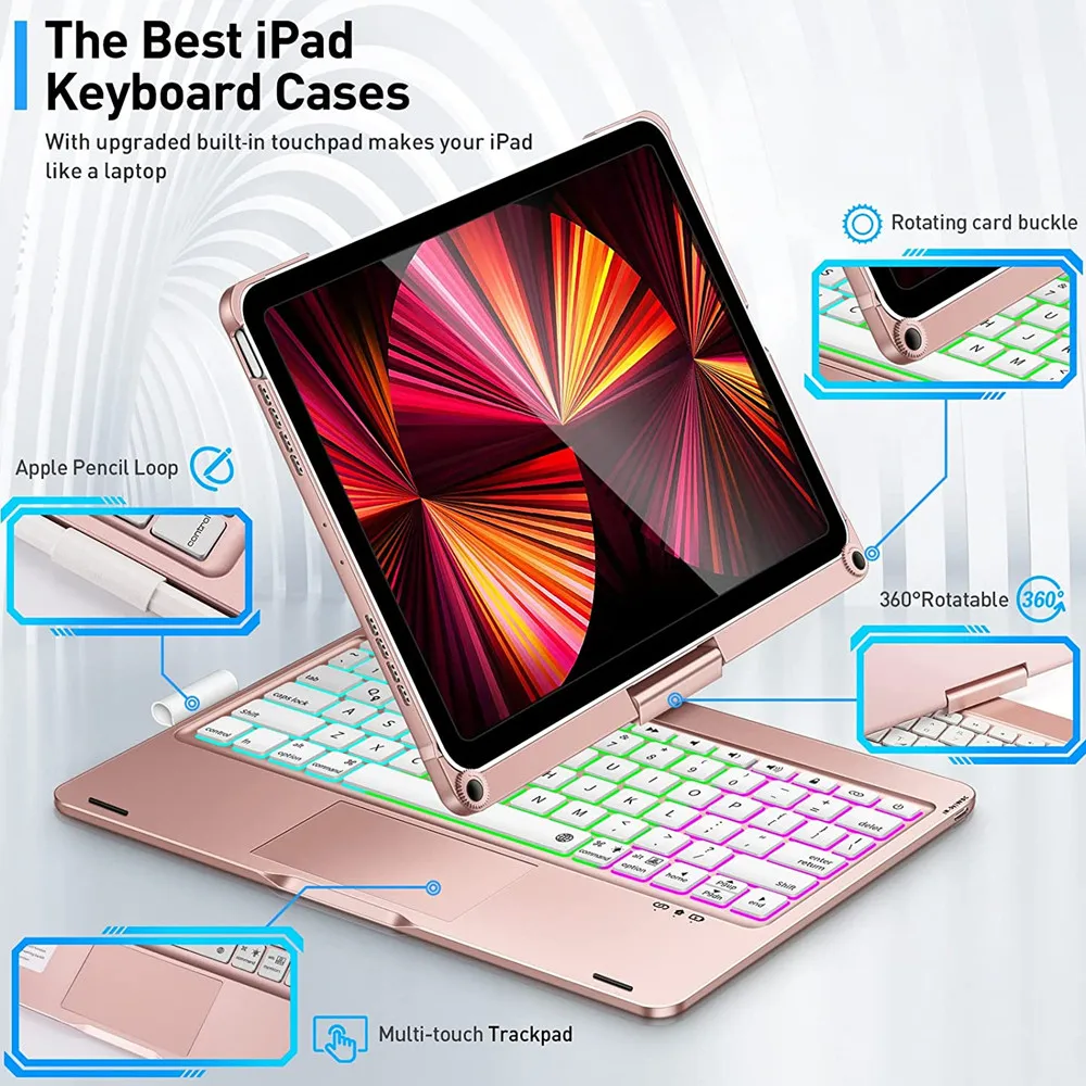 Magic Touchpad Swivel Keyboard Case para Ipad 10.2 7th 8th 9th 10.5 Air 10 10.9 Pro11 Pro12.9 360 Rotation Keyboard Cover - Imagem 6