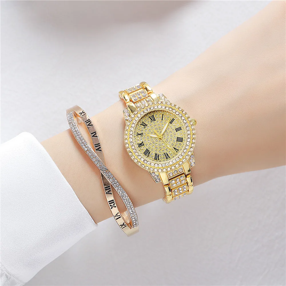 

Women Luxury Golden Stainless Steel Watch 2022 New Fashion Rhinestone Quartz Watch Ladies Casual Dress Wristwatch Famale Clock