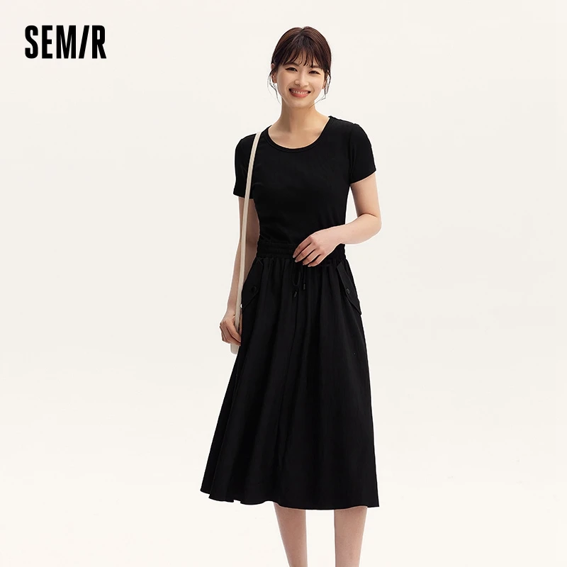 Dress Women Slim-Fit Waist-Cinching Dress Summer New Fake Two-Piece Round Neck Midi Versatile Dress 1 Dress Women Slim-Fit Waist-Cinching Dress Summer New Fake Two-Piece Round Neck Midi Versatile Dress