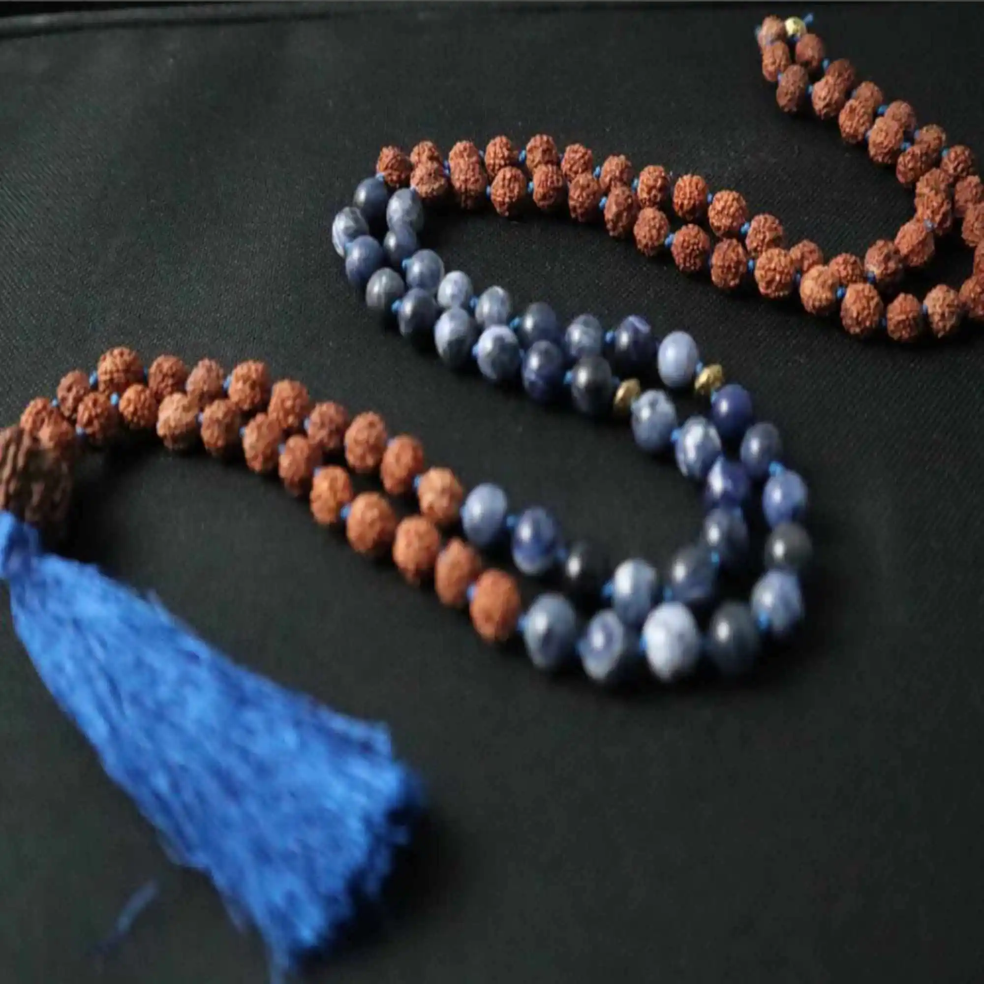 8mm brown Rudraksha blue Sodalite Mala yoga beads 108 knot Necklace Glowing Mental Classic Calming Handmade Wrist Meditation