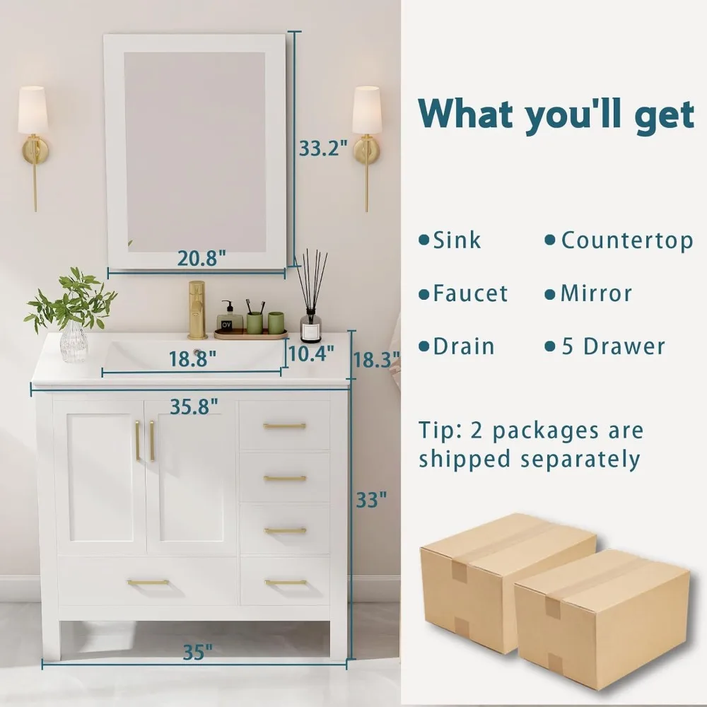 36" Bathroom Vanity with Sink with Faucet, Single Sink Bathroom Vanity 5 Drawers, Mirror, Pedestal,Ceramic Countertop